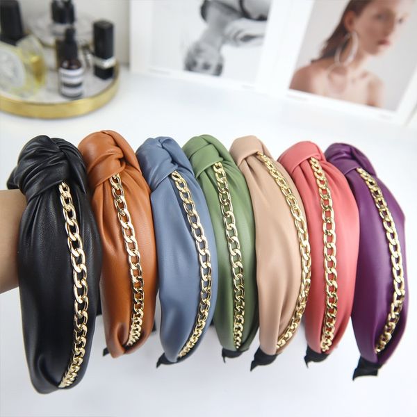 

fashion punk pu leather bowknot hairband with gold chain 7 plain colors headband women lady fashion hair sticks wide hair accessories, Silver