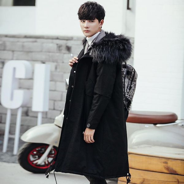 

casual large fur collar hat long jacket men 2018 new cotton-padded clothes on liner yes zippers pockets hooded loose solid1, Black