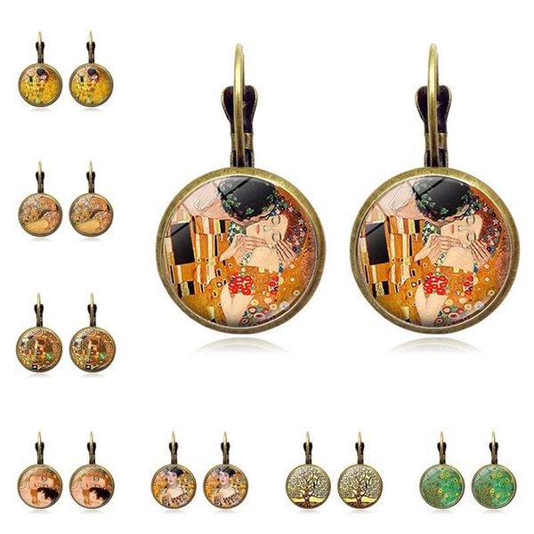 

hoop & huggie retro klimt earring france stud earrings art oil painting glass cabochon jewelry klimt's kiss mom mother day's ear h, Golden;silver