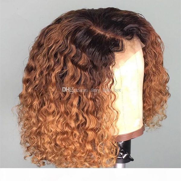 

bob style curly ombre blonde #1bt27 silk lace front wig short bob glueless full lace human hair wig for black women, Black;brown