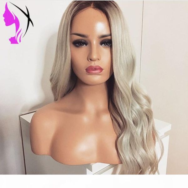 

180% density body wave synthetic lace front wig with baby hair ombre light gray wig glueless heat resistant wigs for black women