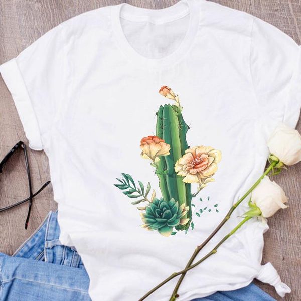 

women graphic cactus floral fashion beach aesthetic 90s clothes lady clothing tees print female t shirt womens t-shirt, White