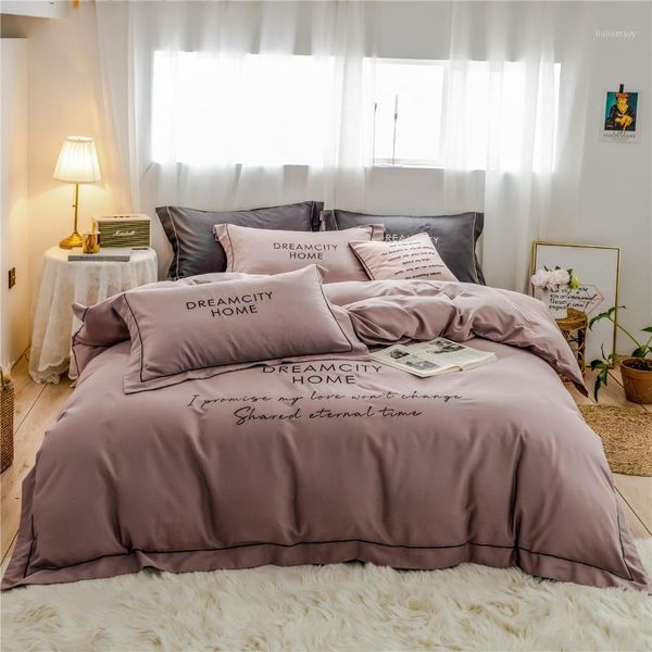 

4/6pcs solid color bedding sheets set  king size bed linen sateen cotton quilt covers double bedclothes cushion cover duvet1