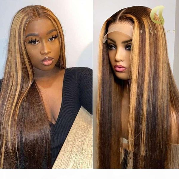 

straight honey blonde front wigs for black women brown ombre 180 density t part lace highlight wig human hair, Black;brown