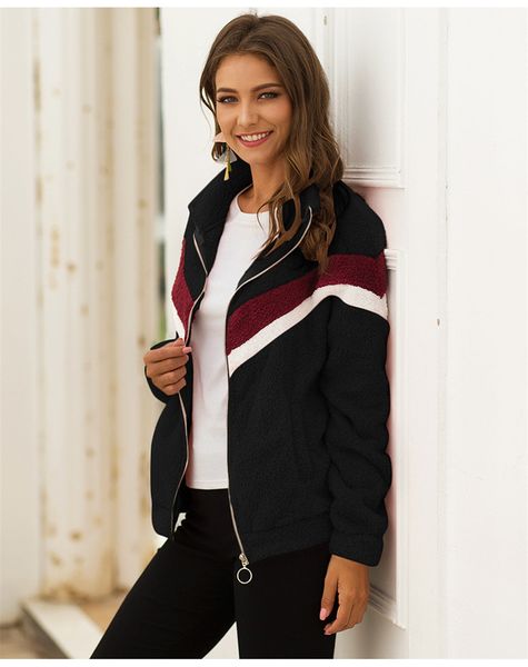 

color stripe matching women winter fleece cotton coats turtleneck hoodies zipper jacket casual sports fashion outwear clothing sale ly1020, White