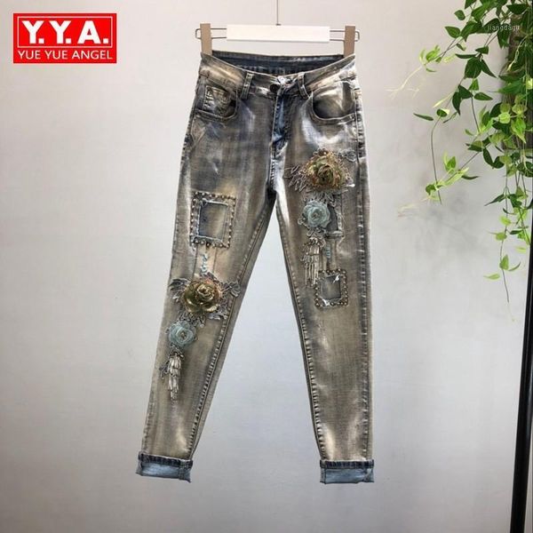 

fashion slim embroidery 3d floral hole stretch denim pencil pants women streetwear european style long jeans trousers for women1, Blue