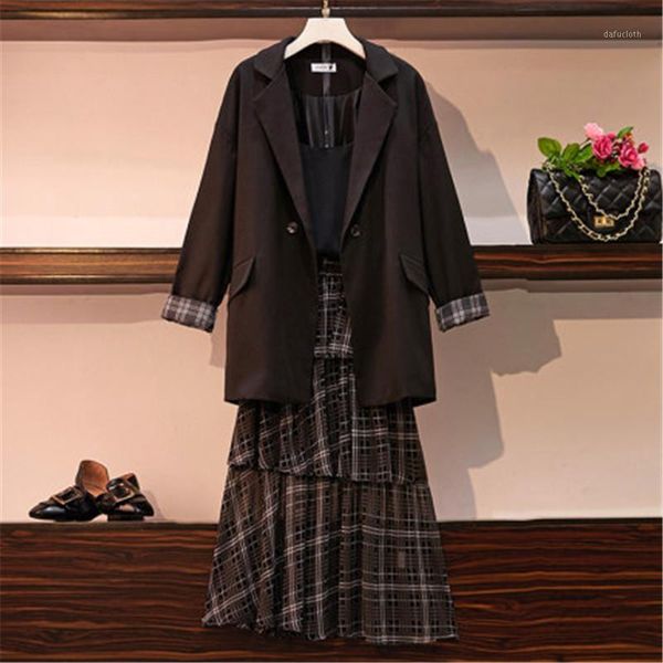 

casual plus size women's clothing 2020 spring autumn blazers jackets women plaid skirts + blazer coats 2 two-piece suit b1431, White;black