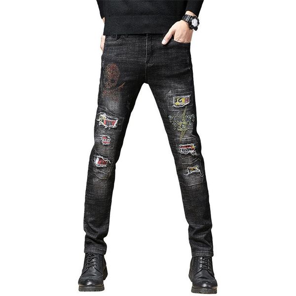 

kimsere men's destroyed embroidered jeans pants with patches fashion hi street ripped denim trousers with embroidery holes, Blue