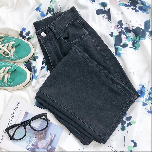 

retro basic washed jeans women black loose high waist slimming simple casual all match straight denim jeans, Blue