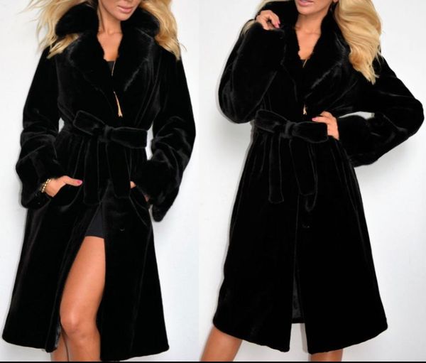 

women's fur & faux female coat belted plus size black turn down collar winter women long sleeve autumn jacket woman 4xl