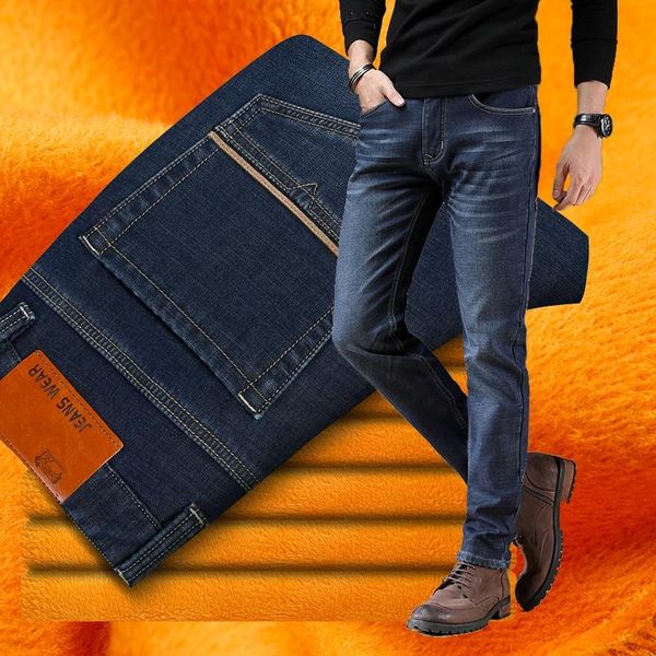 

men's jeans 2021 winter plus velvet thick business casual high elasticity straight long pants classic fashion loose trousers, Blue