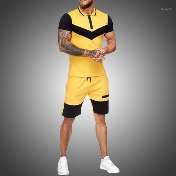 

mens short sets summer casual summer clothing 2 piece set colorblock track suits 2020 male t shirt+shorts cotton men tracksuits1, Gray