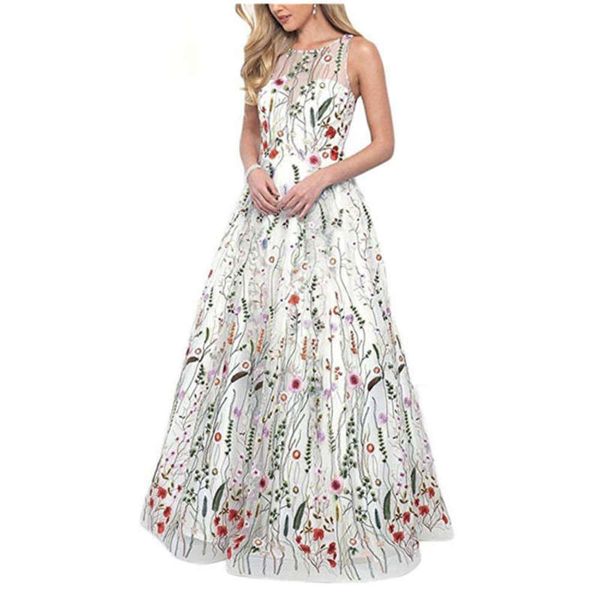 

sleeveless summer 2019 new round neck slim long mesh embroidery dress, Black;gray