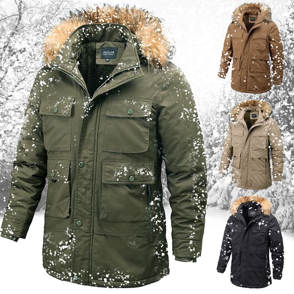 

winter jacket men outdoor parka coat plus size fur collar warm coat with many pockets outdoor sport working jacket men fur lined 201114, Black