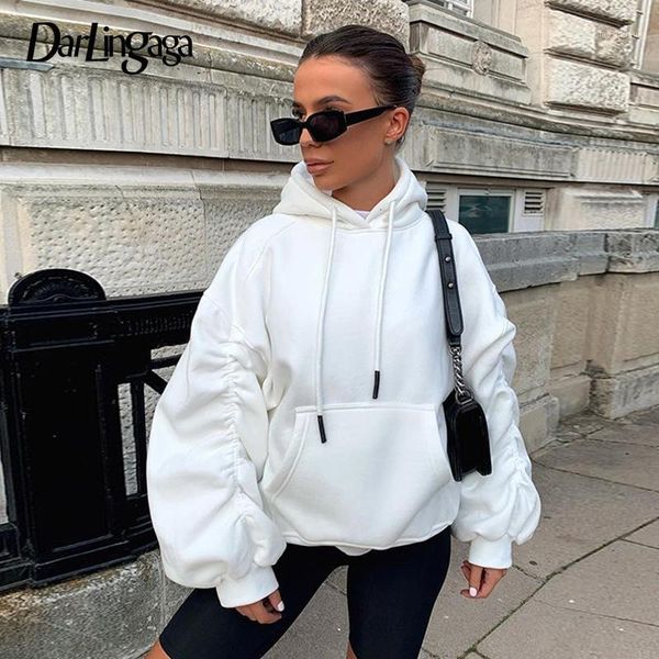 

darlingaga long ruched sleeve puff oversized hoodies women white casual pockets pullover autumn winter hooded sweatshirts fleece1, Black