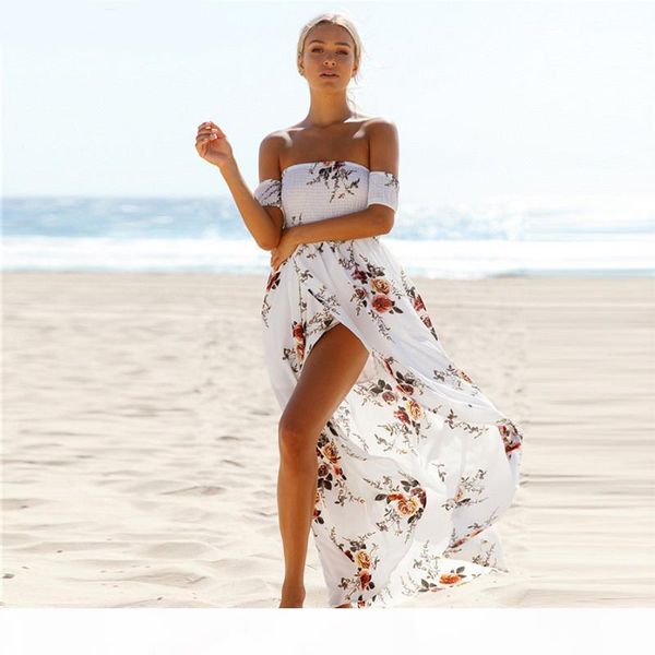 

bohemia style long dress women off shoulder beach summer dresses floral print vintage chiffon white maxi dress vestidos mujer, Black;gray