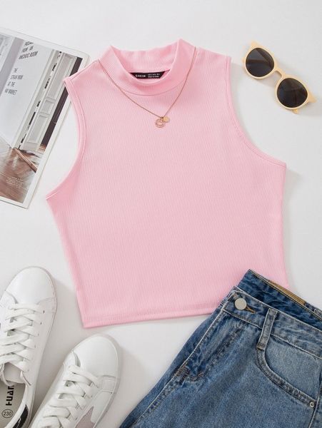 

mock neck rib-knit tank 580q#, White