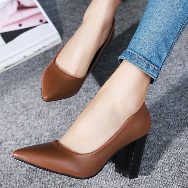 

casual shoes women's high heels pointed toe pumps woman solid thick heel work shoes office leather shallow footwear buty damskie1, Black