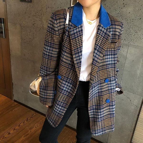 

ewq]2020 winter female turn-down collar long-sleeved double breasted minimalist patchwork panelled plaid woolen suit coat 8d669, Black