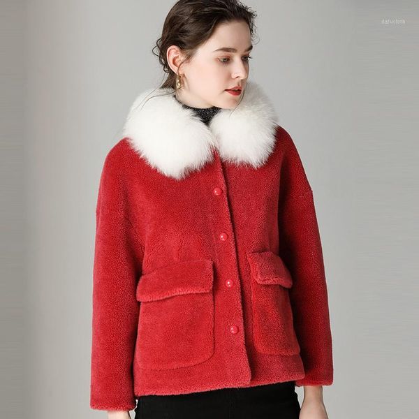 

fur collar 100% wool jacket real fur coat autumn winter coat women clothes 2020 korean vintage sheep shearing zt36421, Black
