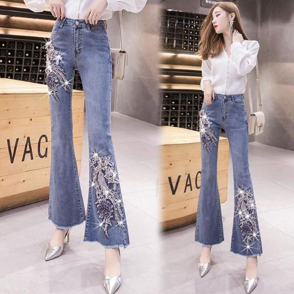 

women 2021 spring autumn denim pants female flowers jeans high waist fashion trousers ladies embroidery beads flare jeans g85, Blue