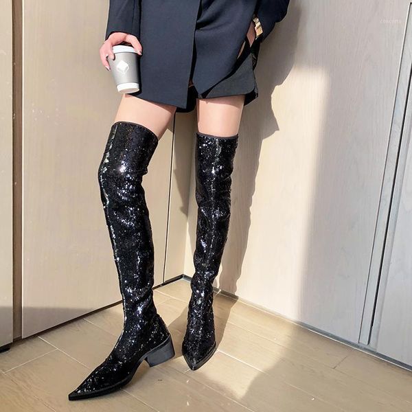 

black sequin high boots women new pointed toe shoes woman new side zipper botas mujer fashion square thick heels over knee boots1