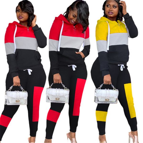 

ladies splicing contrast color sets fashion trend long sleeve hooded sweatshirt pants suits designer female autumn casual loose tracksuits, Gray