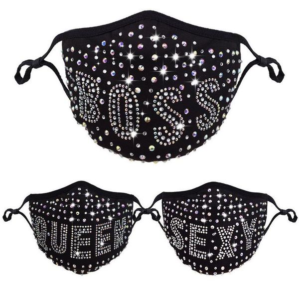 Bling diamante máscara protetora letra dustproof máscaras lavável mulheres reutilizáveis ​​mulheres de strass colorido máscara com filtro bolso FY9328