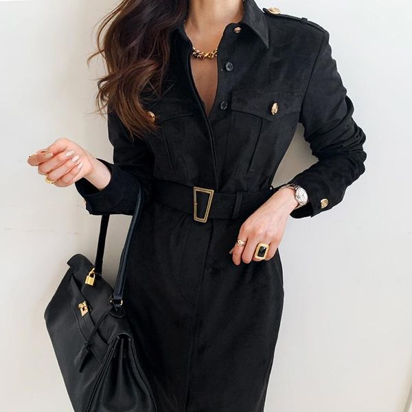 

2021 autumn winter female new turn down neck solid color long sleeve minimalist adjustable waist dress, Black;gray