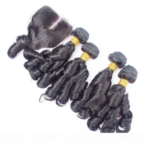 

aunty funmi virgin brazilian human hair with 4x4 lace closure bouncy curls funmi hair 3bundles with closure 4pcs lot weaves with closure, Black