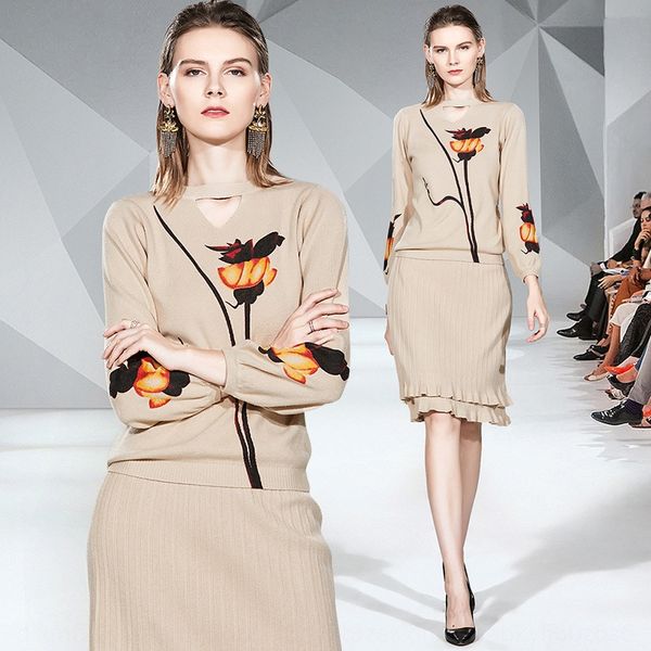 

versatile fashion printing knitted round neck hollowed out ruffle skirt suit skirtsuit skirt set for women fbvle, Gray