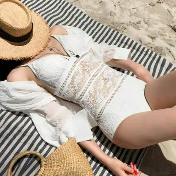 

korean new fashion swimsuit women's one piece bikini open back cover belly lace cut out spring swimsuit trend 002
