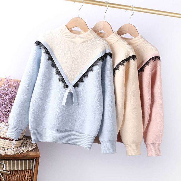 

2020 winter drs foreign sle lace children's color matching girls' thickened sweater 130-160, Blue