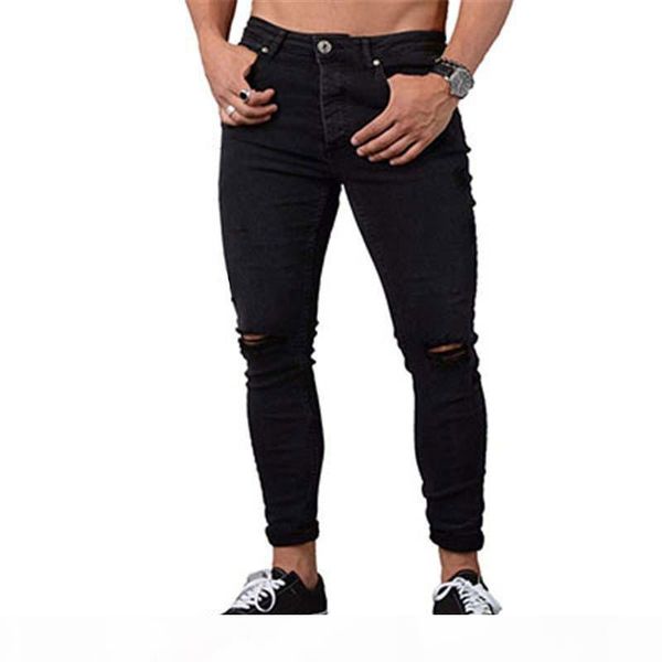 

2020 men ripped jeans cuffs skinny casual slim biker jean denim mid waist knee holes hiphop pant washed ing, Blue