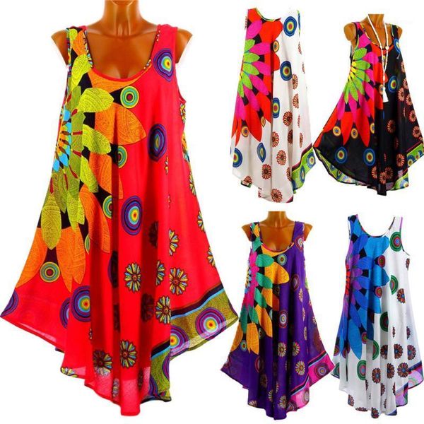 

casual dresses summer dress women 2021 ethnic style sleeveless loose beach woman boho printed tank vestidos 5xl robe1, Black;gray
