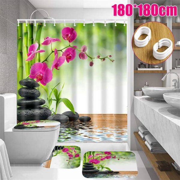 1.8x1.8m Flower 3D Poliéster à prova d 'água Curtain Curtain Bathroom com 12 ganchos Pedestal tapete tampa tampa de banho esteira conjunto 201102