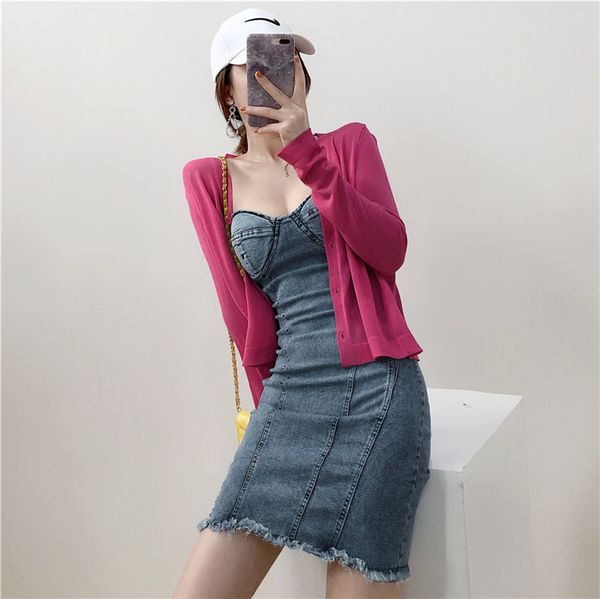 

2021 New Sexy Mini Women's Summer Sleeveless High Waist Denim Fashion Strapless Sling Raw Edge Gothic Dress L5GB, Black;gray