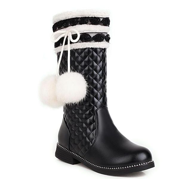 

boots fur ball bow tie with checkered pattern mid-calf side zipper thick heel pink women's pu shoes, Black
