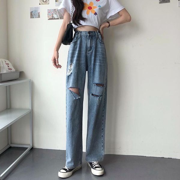 

s-xl summer korean chic style women long denim pants high waist ripped straight jeans for womens, Blue