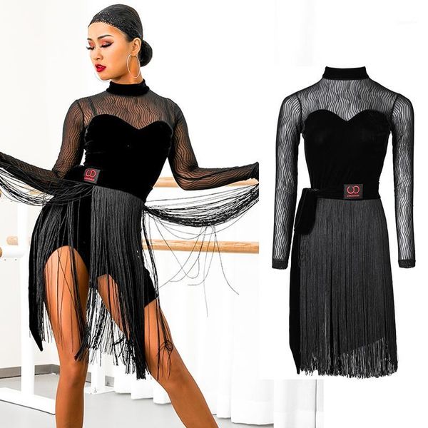 

latin dance dress two pieces dress competition fringe skirt women party practice dance wear rumba latin bi2121, Black;red
