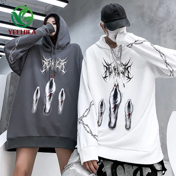 

autumn ghost print hoodie hip hop personality harajuku retro wild trend design rock band skateboard sweatshirt 201113, Black