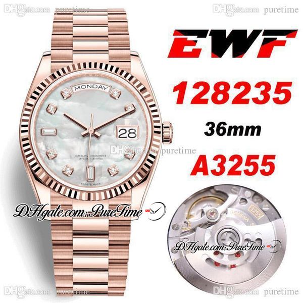 

ewf day date 36mm 128235 a3255 automatic mens watch 18k rose gold mop dial diamonds markers steel bracelet new ptrx 2021 puretime x58e5, Slivery;brown