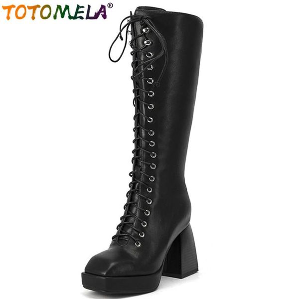 

totomela 2020 big size 43 genuine leather knee high boots women square toe thick heel platform boots ladies shoes, Black