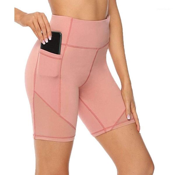 

yoga outfits soild color with boy shorts +pocket sports women's high waist abdomen control training running trousers push up03271, White;red