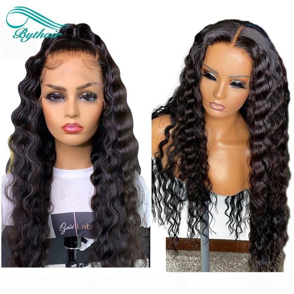 

bythair curly lace front human hair wigs pre plucked hairline brazilian remy hair full lace wig with baby hair natural color 8-26'&#039, Black;brown