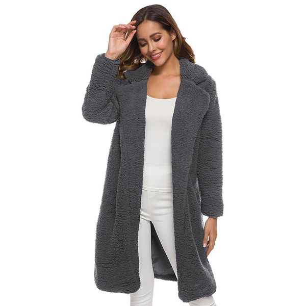 

women 2020 autumn winter new open stitch coat trun-down collar solid color long sleeve long warm coat, Black