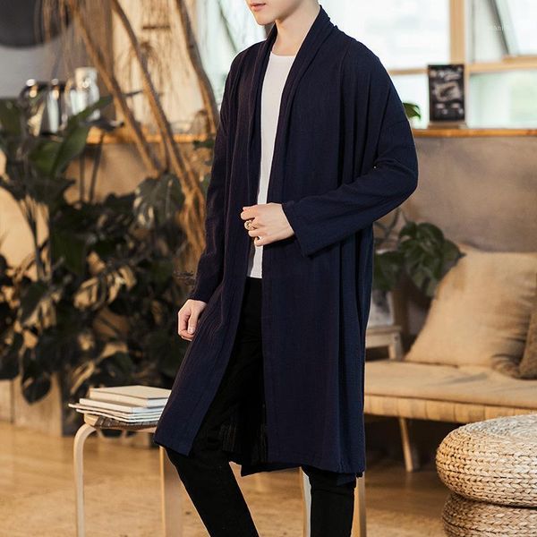 

chinese-style mens wear autumn mid-length trench coat chinese style clothing cloak mantle cardigan long sweater1, Tan;black