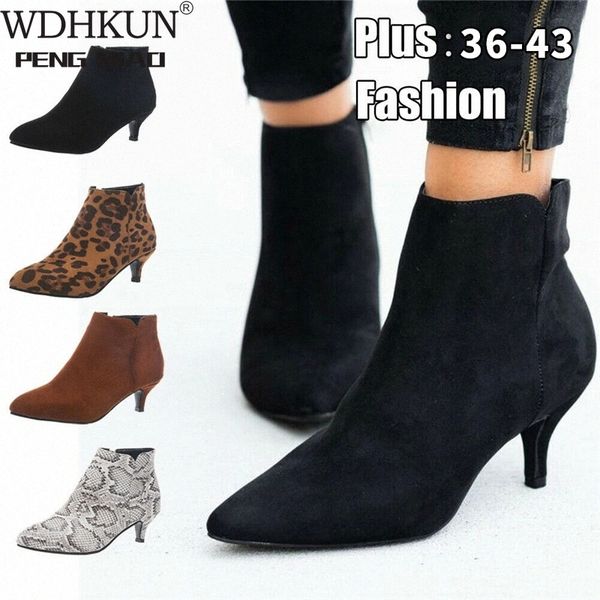 

wdhkun women suede ankle boot mid stiletto heel side zip pointed toe party work outdoor shoe fine heel leopard print fashion #c75u, Black
