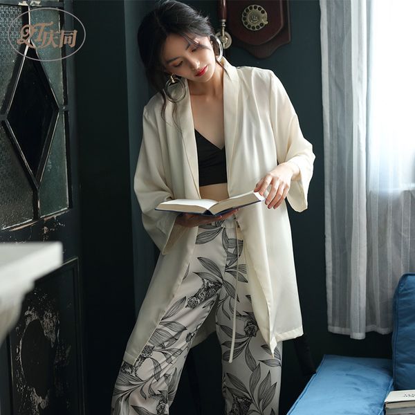 

summer thin women long-sleeved trousers pajamas v-neck silk-like pijama mujer sleepwear plus size printing satin sleepwear 2 set y200708, Black;red
