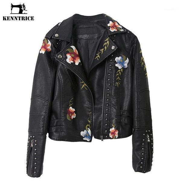 

kenntrice embroidery flowers women leather jacket white black rivet short leather coat punk female outerwear1